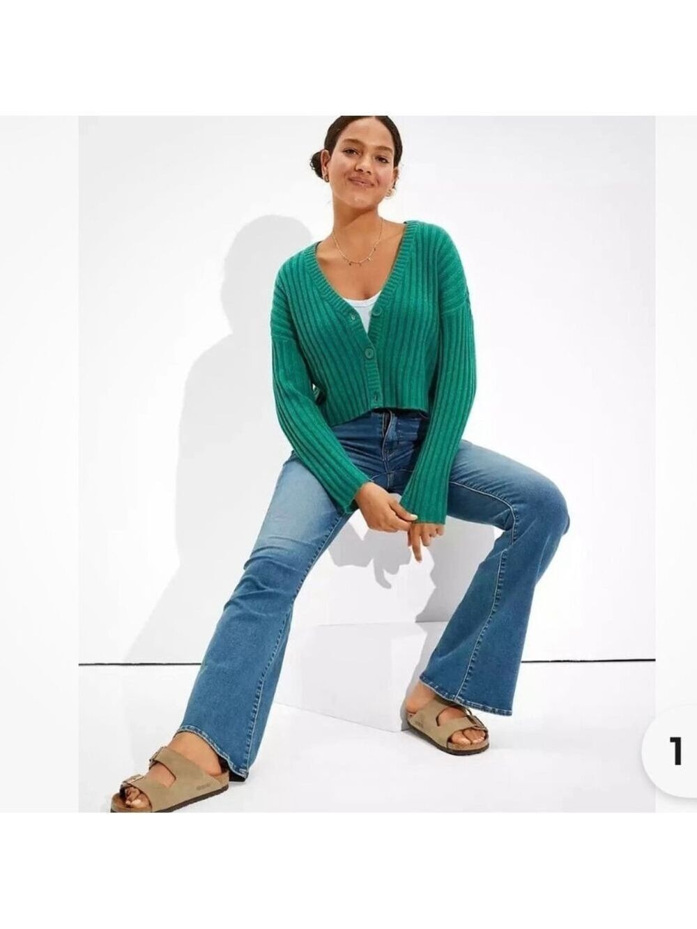 American Eagle Green Boxy Ribbed Button Up Cropped Cardigan Sweater M - Picture 4 of 10